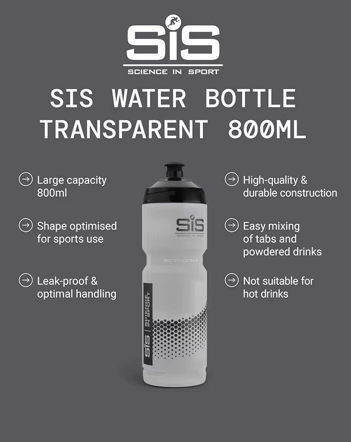 Science in Sport SIS Clear Sports Water Bottle, Plastic Water Bottle, Black Logo, Transparent Colour, 800 ml