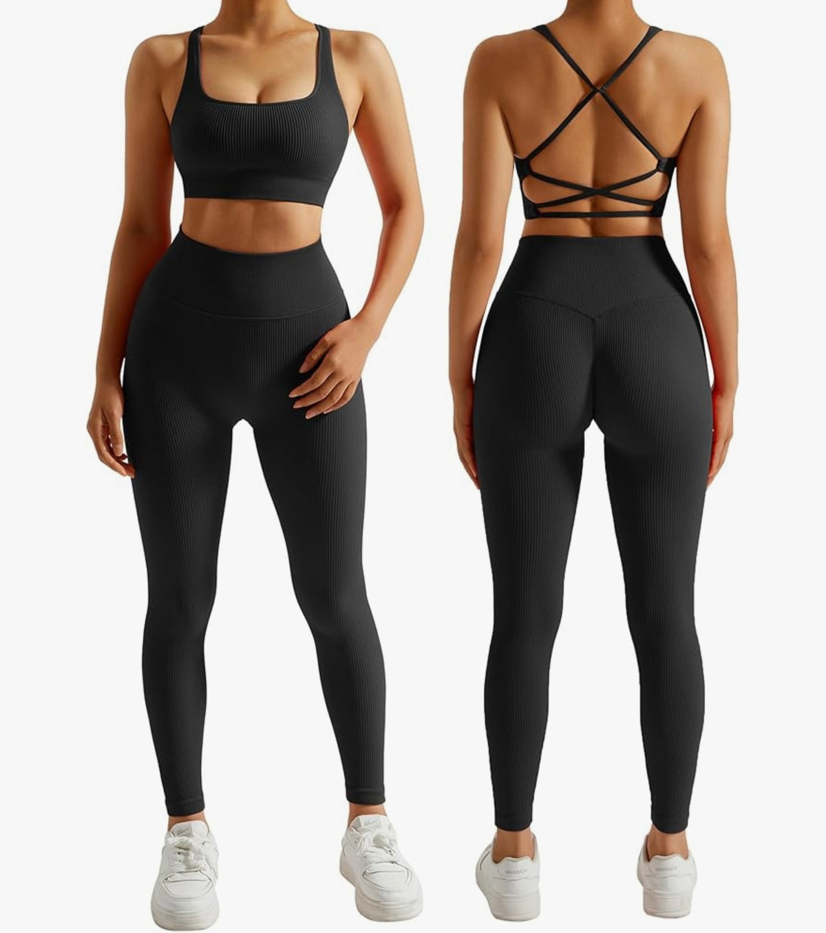 RXRXCOCO Ribbed Gym Sets for Women 2 Piece Tummy Control Workout Set Seamless Sports Outfit Activewear Sets