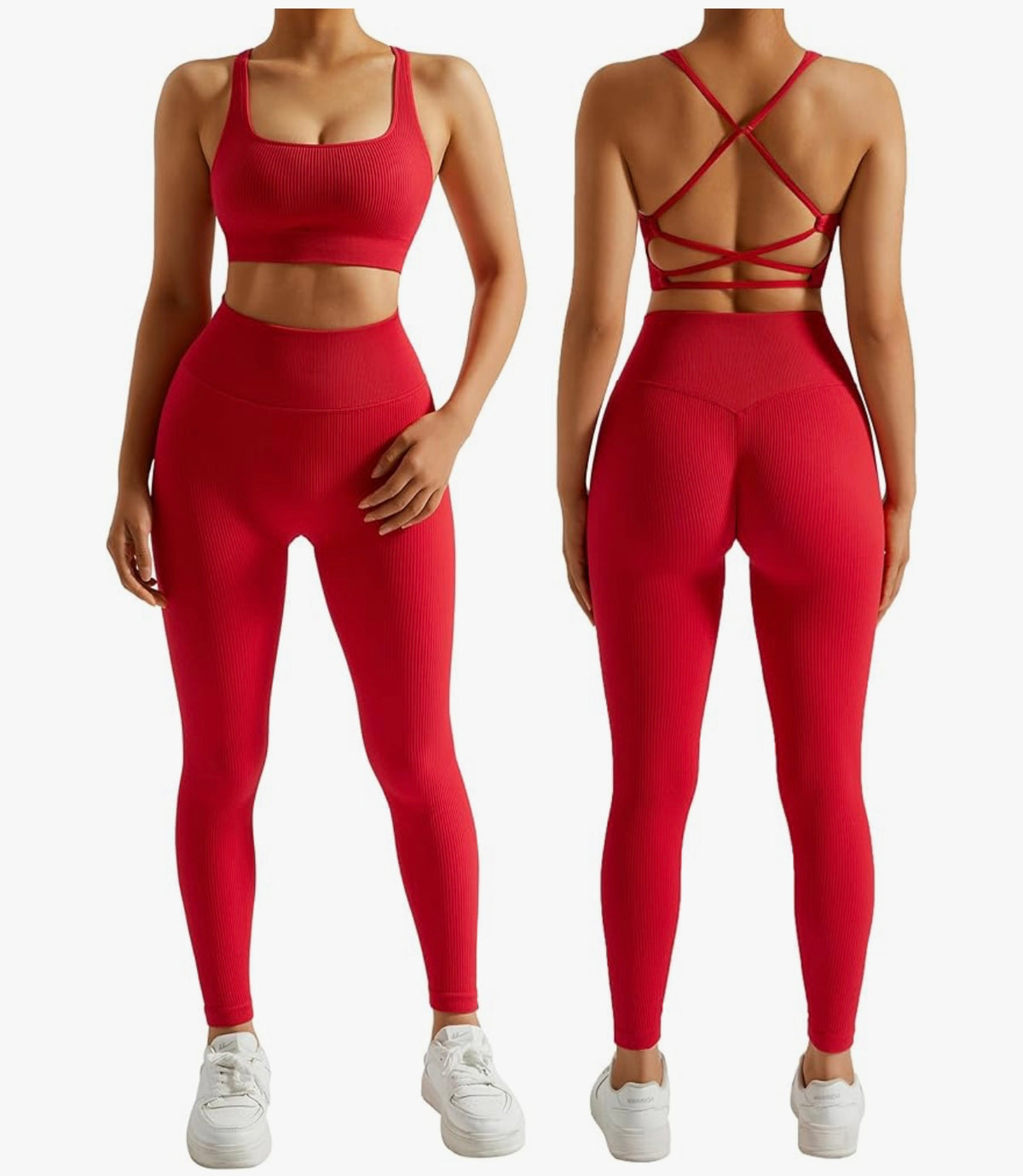RXRXCOCO Ribbed Gym Sets for Women 2 Piece Tummy Control Workout Set Seamless Sports Outfit Activewear Sets