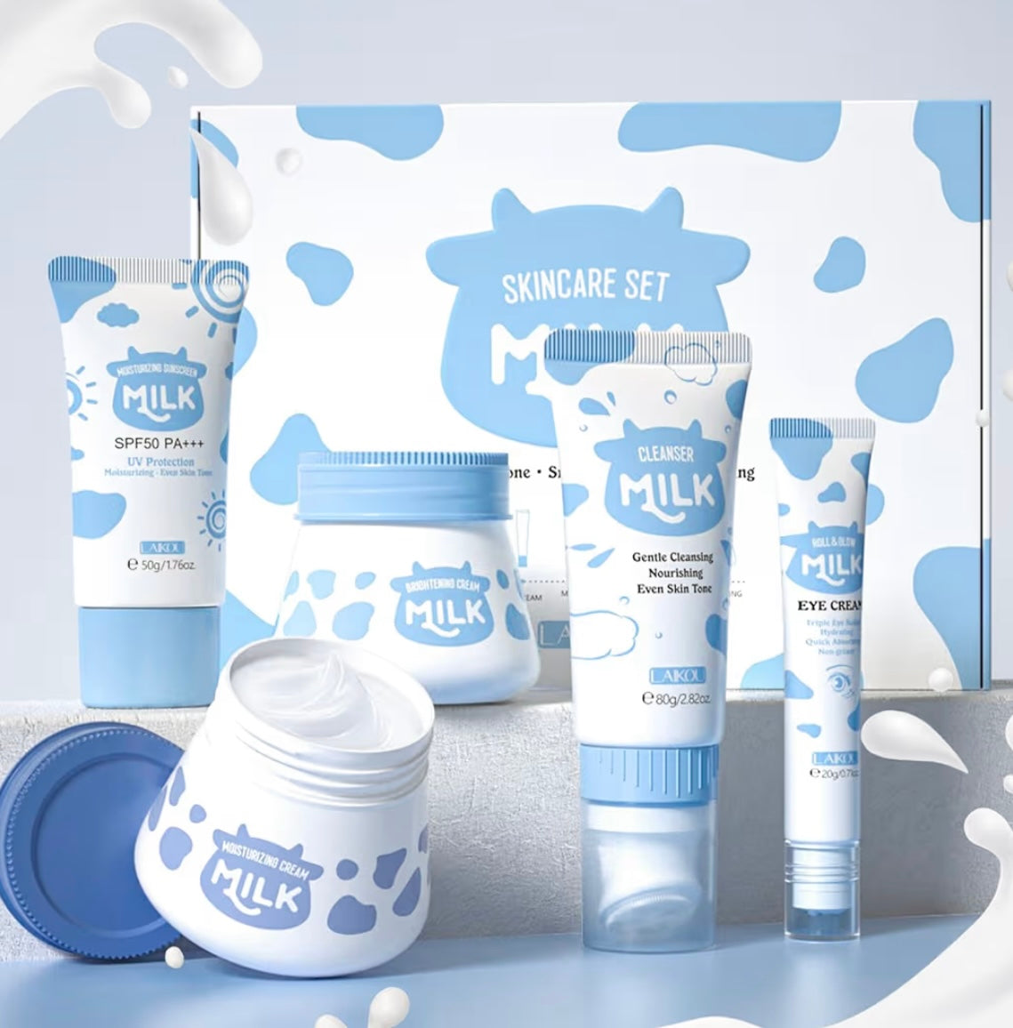 LAIKOU Skincare Set, Milk Beauty Gift Sets for Teenage Girls with Cleanser, Day Cream, Night Cream, Eye Cream, Sunscreen, Facial Kits for Women Wife Mom, Deep Hydrating Smoothing 5pcs