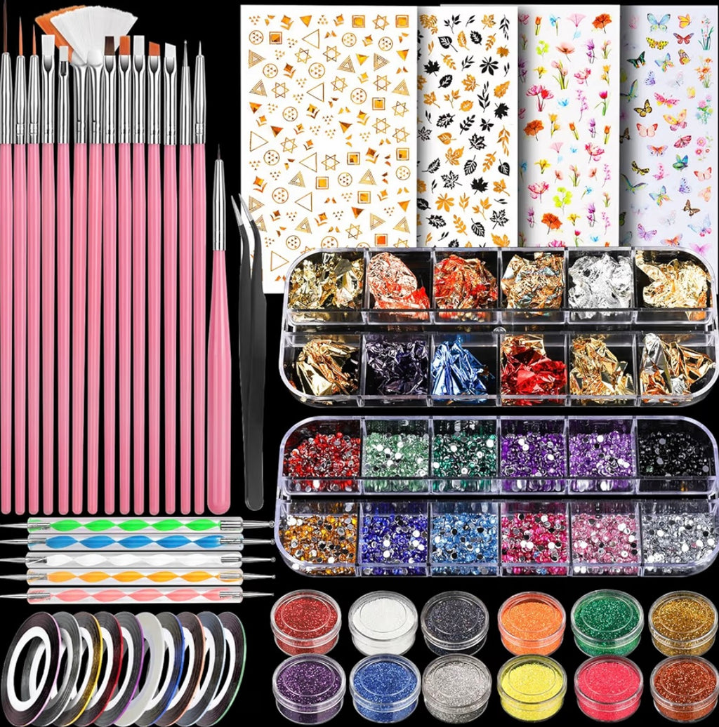 Teenitor Nail Art Kit with Nail Glitter, Nail Art Brushes & Nail Sticker for Gel Nails Art, Nail Gems Nail Accessories Tool for Teenage Girls, Nail Art Pens Nail Dotting Tool for Beginners