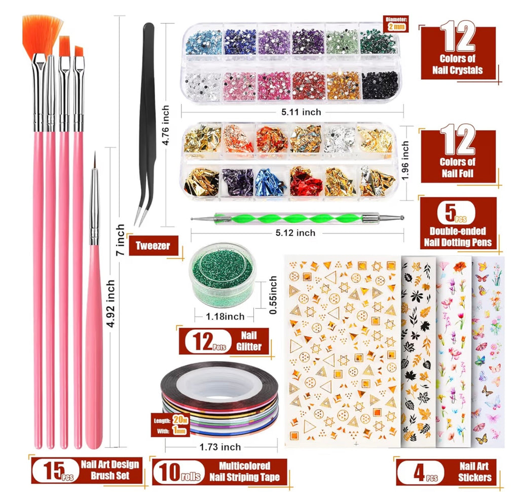 Teenitor Nail Art Kit with Nail Glitter, Nail Art Brushes & Nail Sticker for Gel Nails Art, Nail Gems Nail Accessories Tool for Teenage Girls, Nail Art Pens Nail Dotting Tool for Beginners