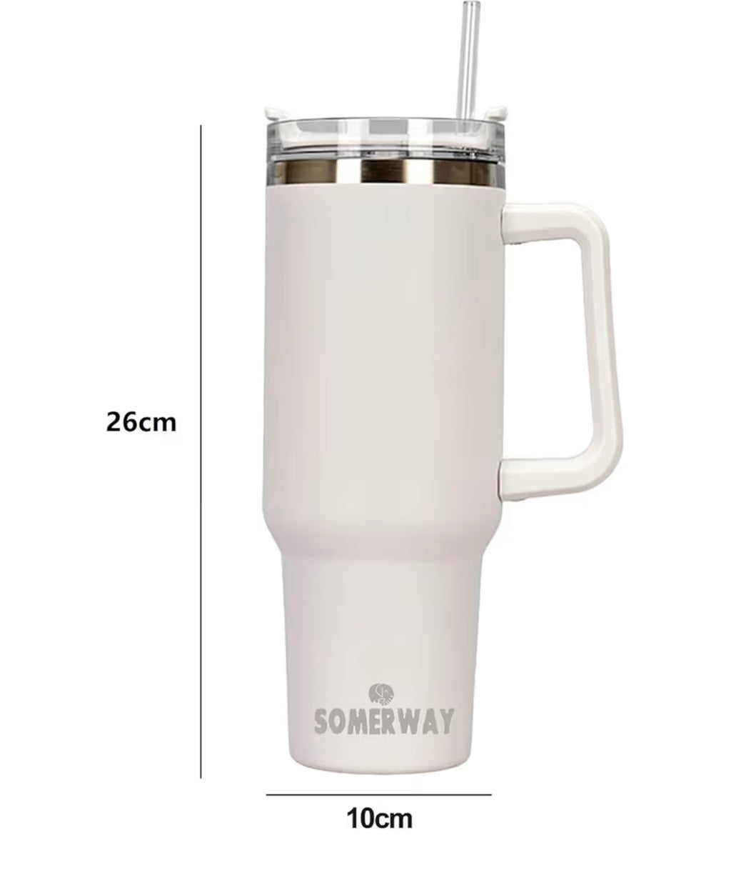 Somerway 1182ml Travel Mug 40oz Tumbler with Straw and Lid, Stainless Steel Double Wall Vacuum Insulated Mug for Hot and Cold Coffee with Handle for On The Go