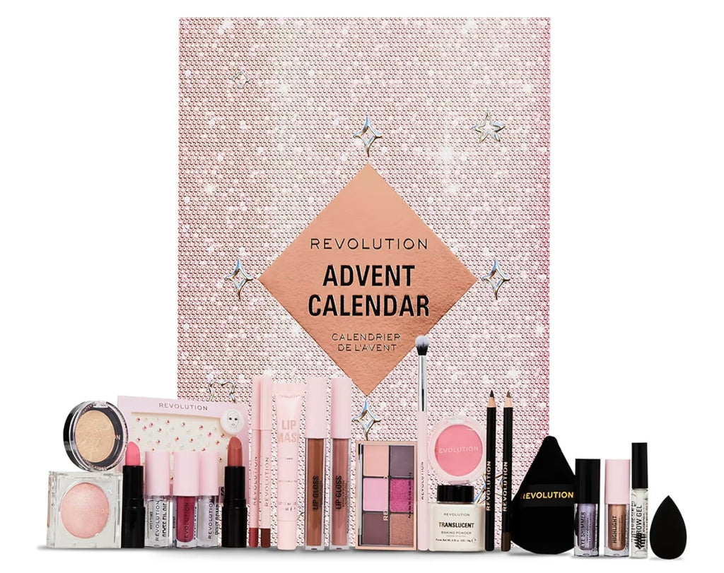 Revolution Beauty 24-Piece Holiday Beauty Advent Calendar, Makeup Gift Set with Lip Gloss, Nourishing Lip Masks, Brushes & Brow Gel, Vegan & Cruelty-Free