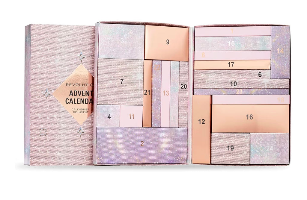Revolution Beauty 24-Piece Holiday Beauty Advent Calendar, Makeup Gift Set with Lip Gloss, Nourishing Lip Masks, Brushes & Brow Gel, Vegan & Cruelty-Free