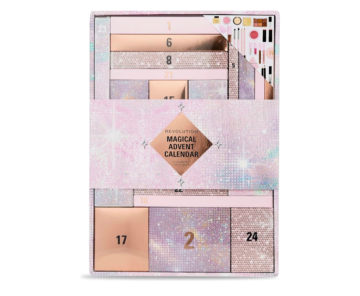Revolution Beauty 24-Piece Holiday Beauty Advent Calendar, Makeup Gift Set with Lip Gloss, Nourishing Lip Masks, Brushes & Brow Gel, Vegan & Cruelty-Free
