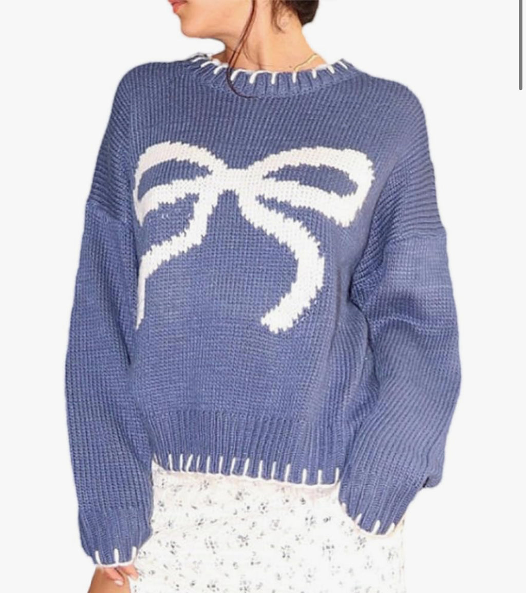 Kouoybt Women Christmas Knitted Sweaters Bow Print Crew Neck Long Sleeve Loose Knitted Pullover Y2k Cute Xmas Sweater