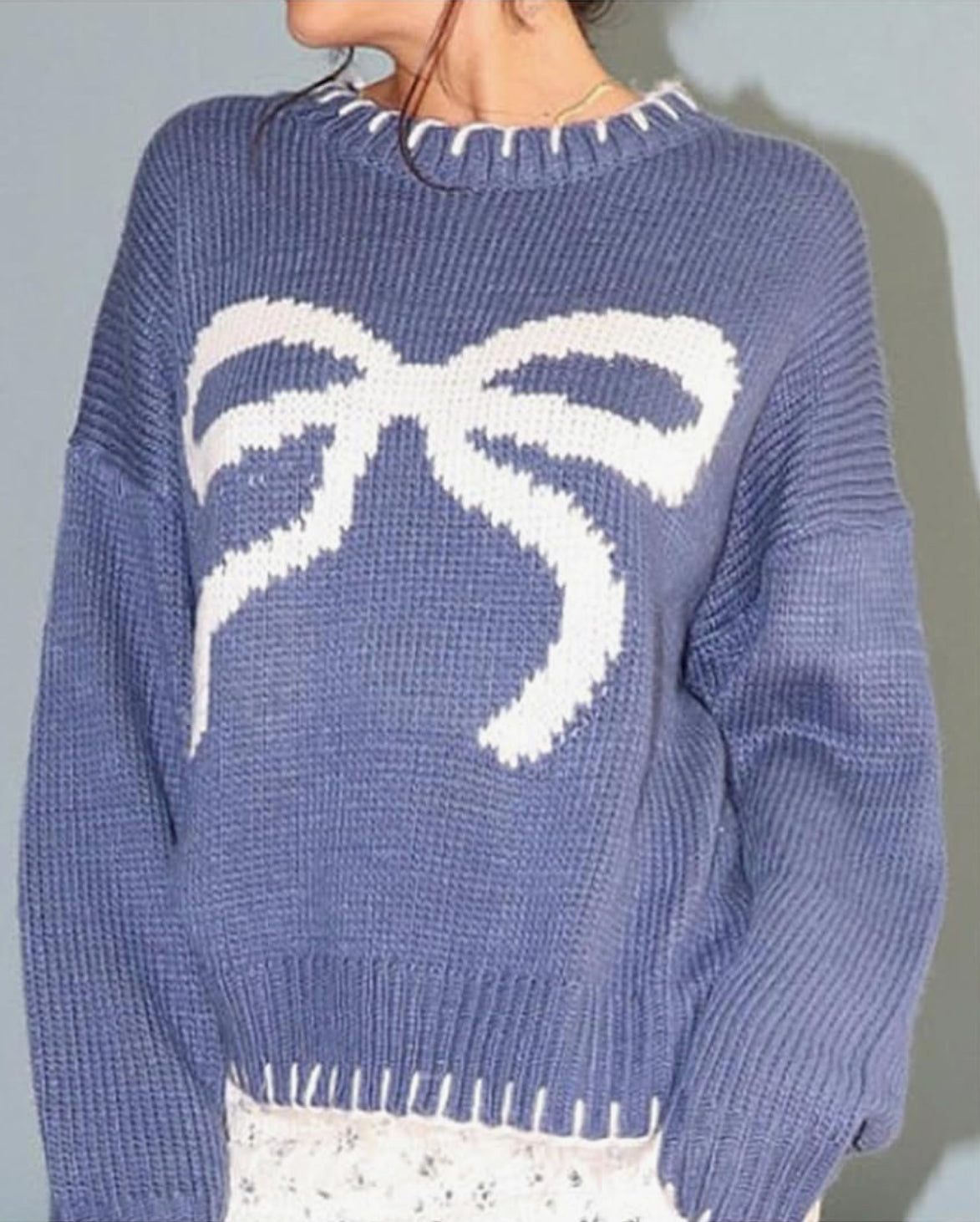 Kouoybt Women Christmas Knitted Sweaters Bow Print Crew Neck Long Sleeve Loose Knitted Pullover Y2k Cute Xmas Sweater