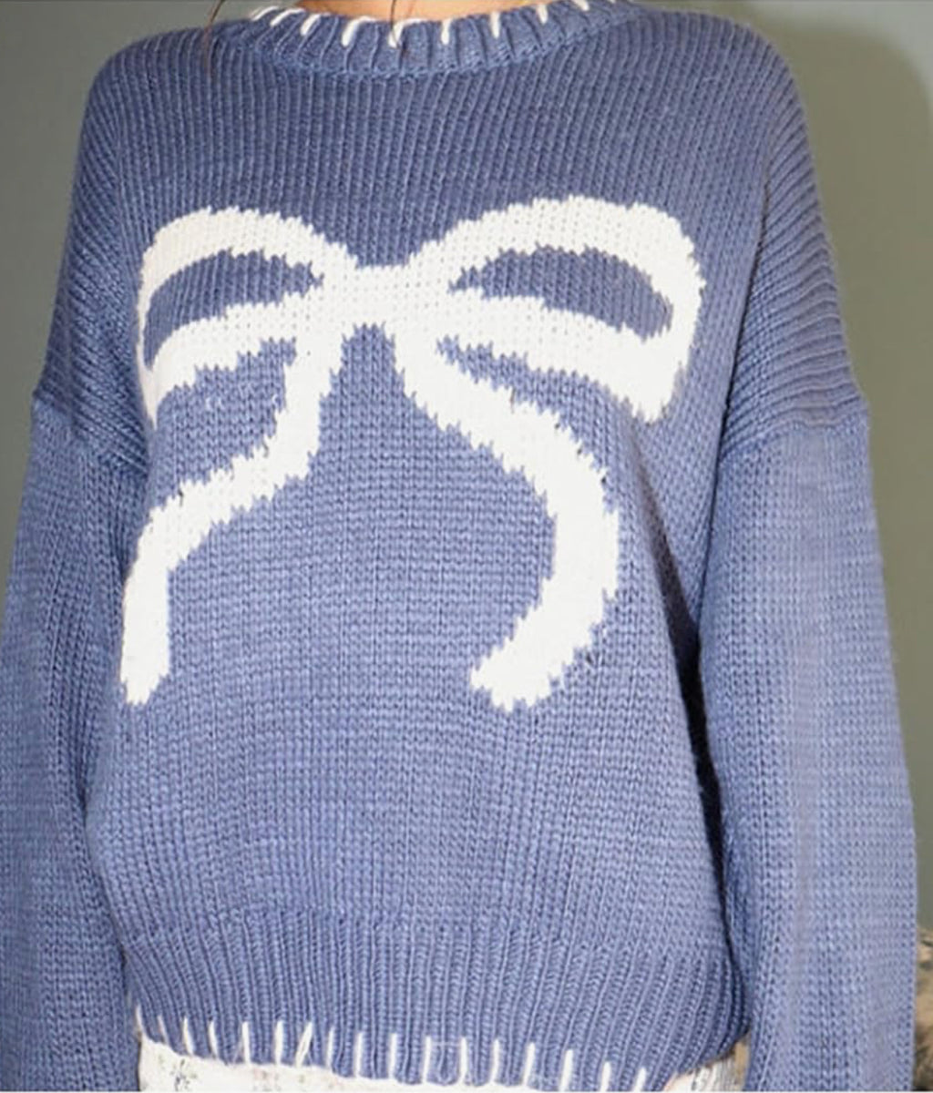 Kouoybt Women Christmas Knitted Sweaters Bow Print Crew Neck Long Sleeve Loose Knitted Pullover Y2k Cute Xmas Sweater