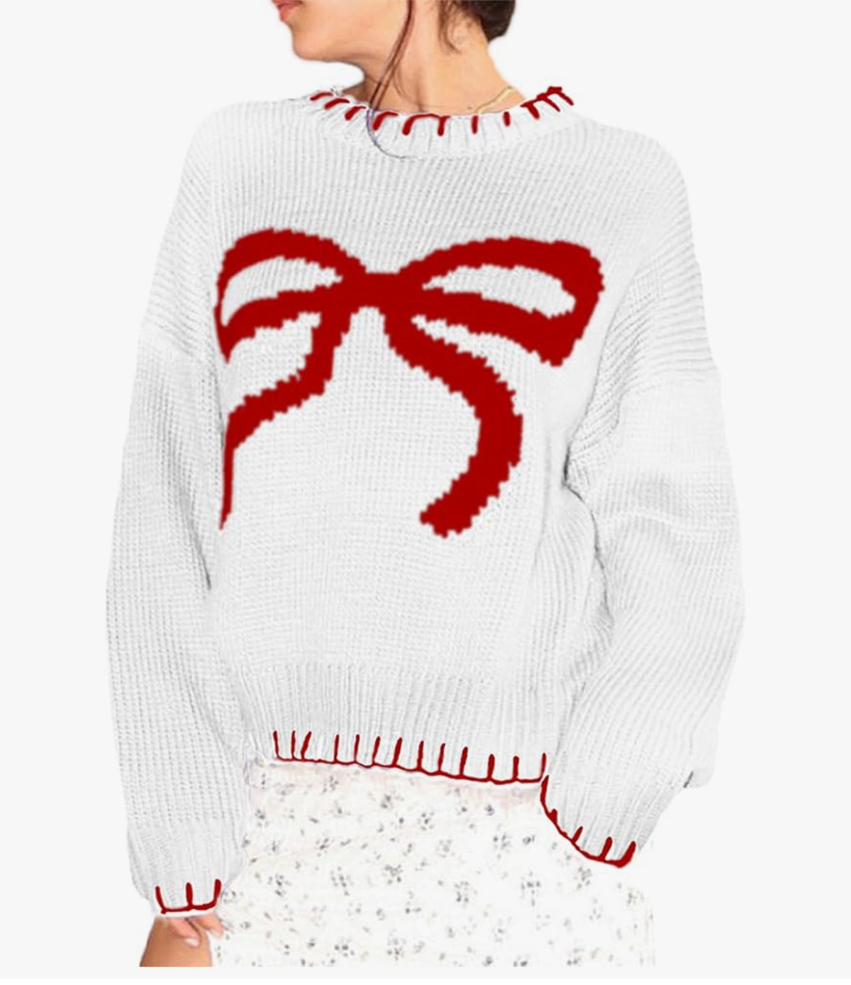 Kouoybt Women Christmas Knitted Sweaters Bow Print Crew Neck Long Sleeve Loose Knitted Pullover Y2k Cute Xmas Sweater