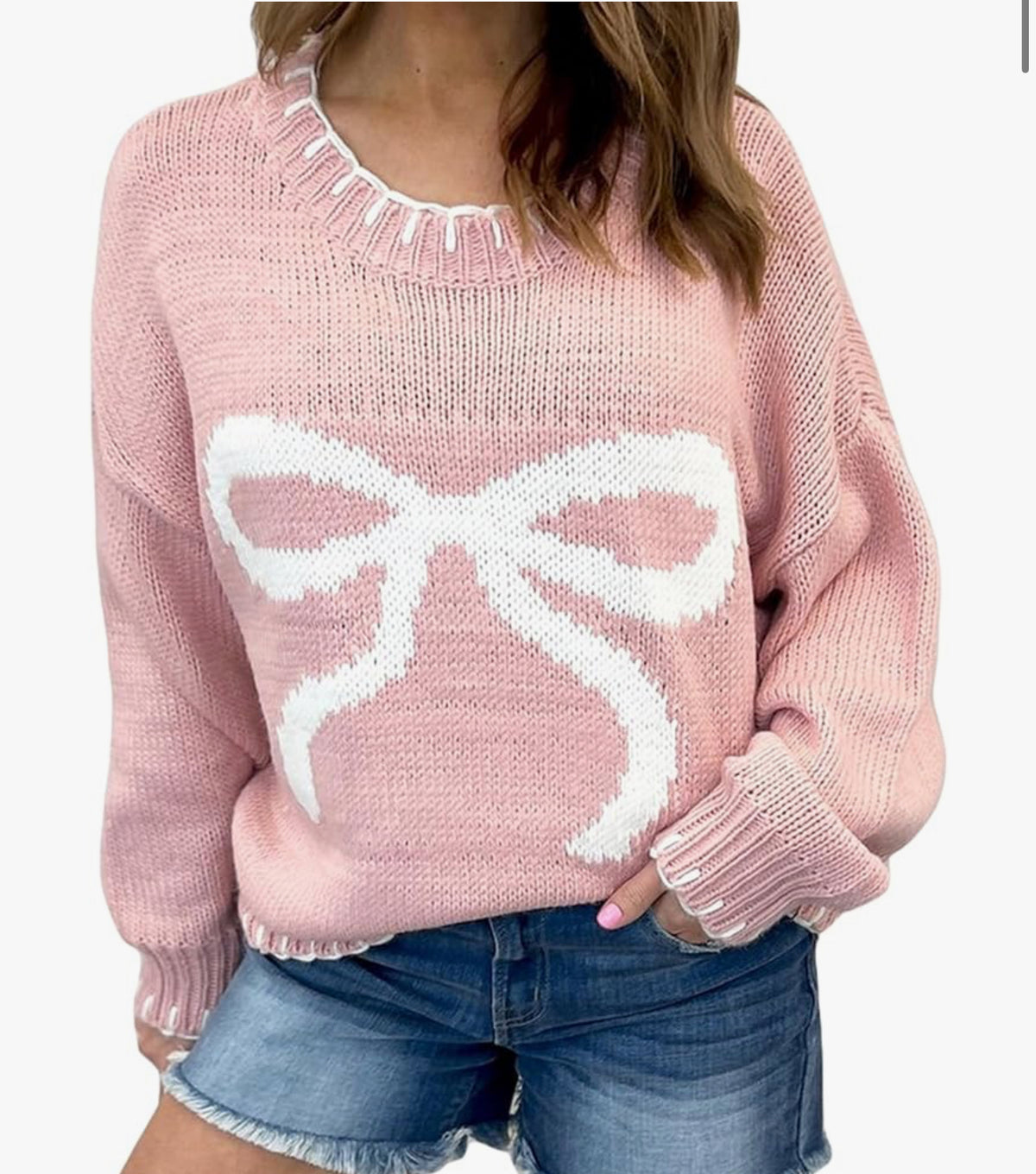 Kouoybt Women Christmas Knitted Sweaters Bow Print Crew Neck Long Sleeve Loose Knitted Pullover Y2k Cute Xmas Sweater