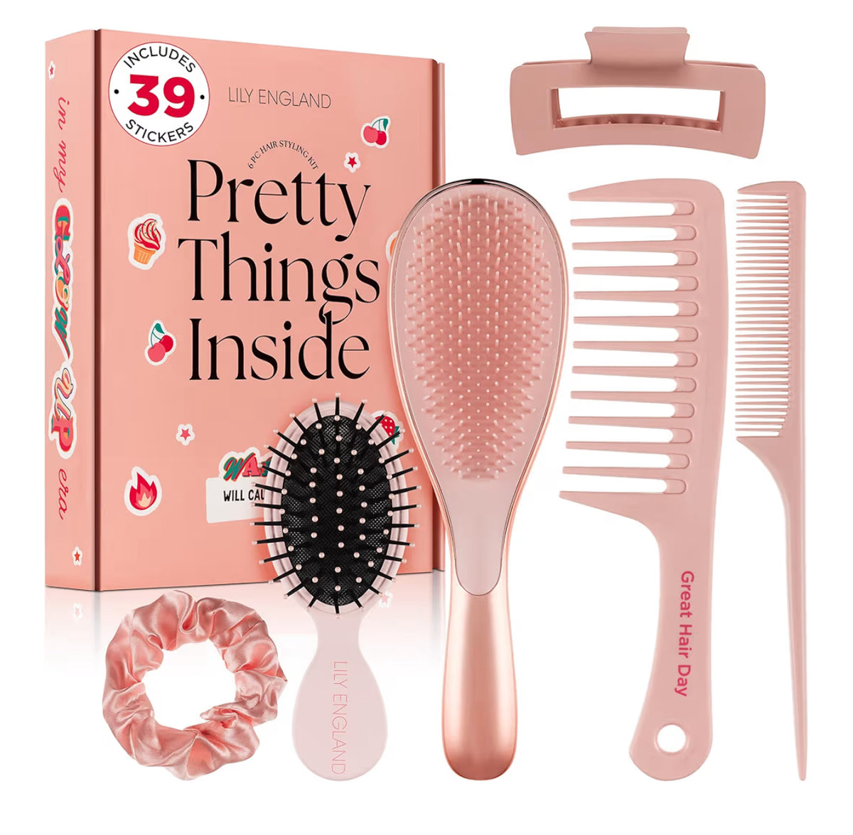 Lily England Detangle Hair Brush for Thick, Curly & Straight Hair - Fun Stocking Fillers for Teenage Girls & Kids with Decorative Stickers - Teenage Girl Gift (Rose Gold, 6 Pack + 39 Stickers)