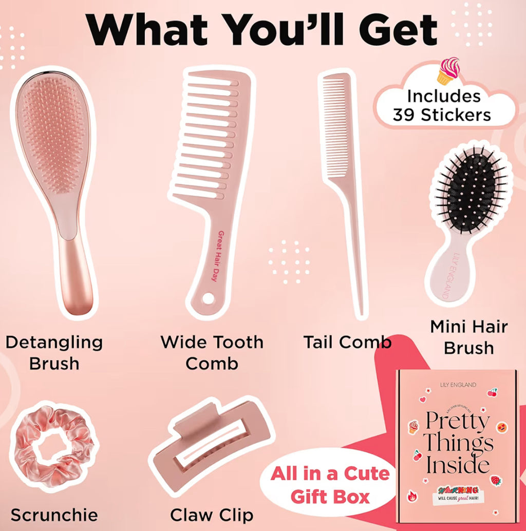 Lily England Detangle Hair Brush for Thick, Curly & Straight Hair - Fun Stocking Fillers for Teenage Girls & Kids with Decorative Stickers - Teenage Girl Gift (Rose Gold, 6 Pack + 39 Stickers)