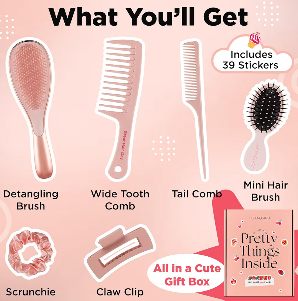 Lily England Detangle Hair Brush for Thick, Curly & Straight Hair - Fun Stocking Fillers for Teenage Girls & Kids with Decorative Stickers - Teenage Girl Gift (Rose Gold, 6 Pack + 39 Stickers)
