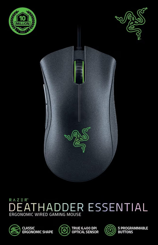 Razer DeathAdder Essential (2021) - Wired Gaming Mouse (Optical Sensor, 6400 DPI, 5 Programmable Buttons, Ergonomic Form Factor) Black