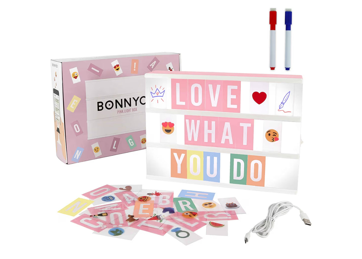 Pink Cinema Light Box with 400 Letters, Emojis & 2 Markers – BONNYCO | A4 Led Light Box for Kids, Girl Room Decor, Home | Letter Board Girls Birthday Presents, Novelty Gifts for Women at Christmas