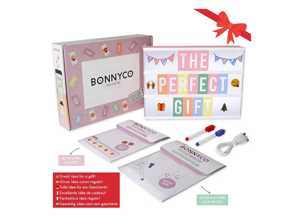 Pink Cinema Light Box with 400 Letters, Emojis & 2 Markers – BONNYCO | A4 Led Light Box for Kids, Girl Room Decor, Home | Letter Board Girls Birthday Presents, Novelty Gifts for Women at Christmas
