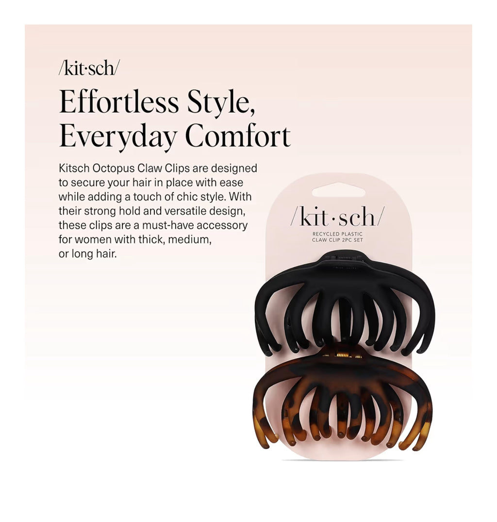 Kitsch Hair Clip Octopus Style - Secure Hold Large Claw Clip, Hair claw clips for thick hair, hair accessories for women, Hair accessories for girls, Hair clips for women, Black & Tortoise, 2pcs
