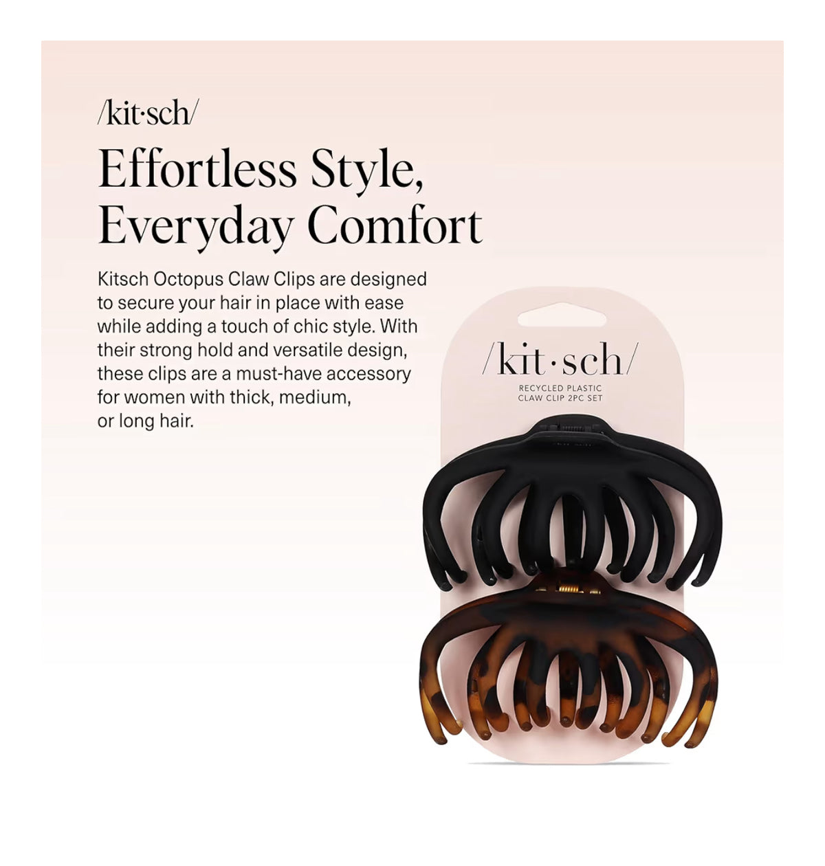 Kitsch Hair Clip Octopus Style - Secure Hold Large Claw Clip, Hair claw clips for thick hair, hair accessories for women, Hair accessories for girls, Hair clips for women, Black & Tortoise, 2pcs