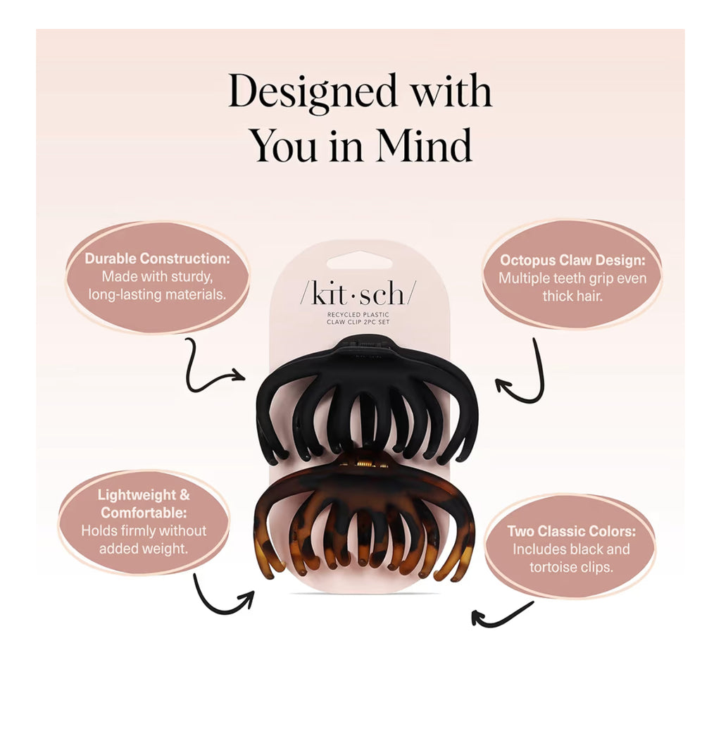 Kitsch Hair Clip Octopus Style - Secure Hold Large Claw Clip, Hair claw clips for thick hair, hair accessories for women, Hair accessories for girls, Hair clips for women, Black & Tortoise, 2pcs
