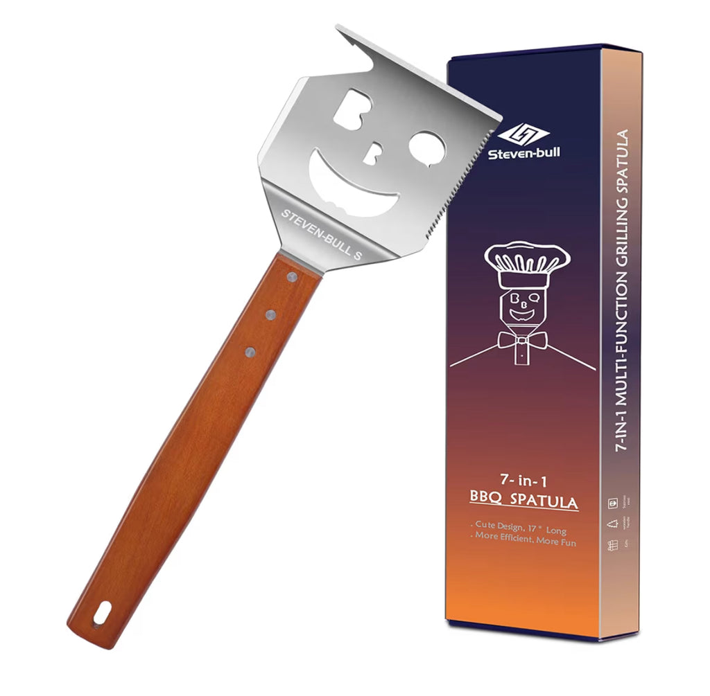 7 in 1 Multifunction BBQ Tool - Outdoor Grill Spatula, Stainless Steel, Wooden Handle - Best BBQ Gifts for Men