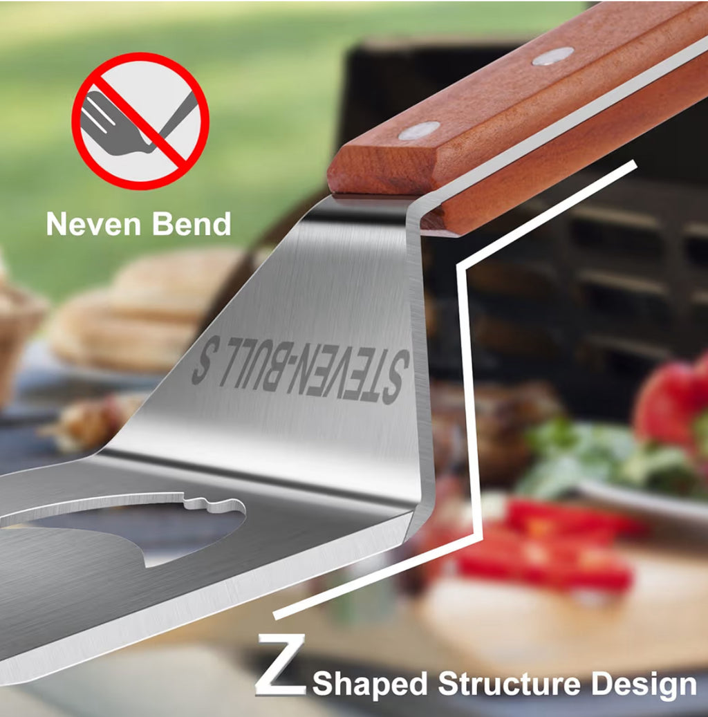 7 in 1 Multifunction BBQ Tool - Outdoor Grill Spatula, Stainless Steel, Wooden Handle - Best BBQ Gifts for Men