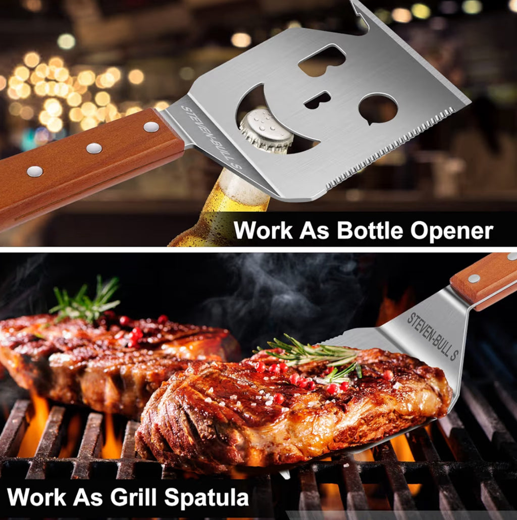 7 in 1 Multifunction BBQ Tool - Outdoor Grill Spatula, Stainless Steel, Wooden Handle - Best BBQ Gifts for Men