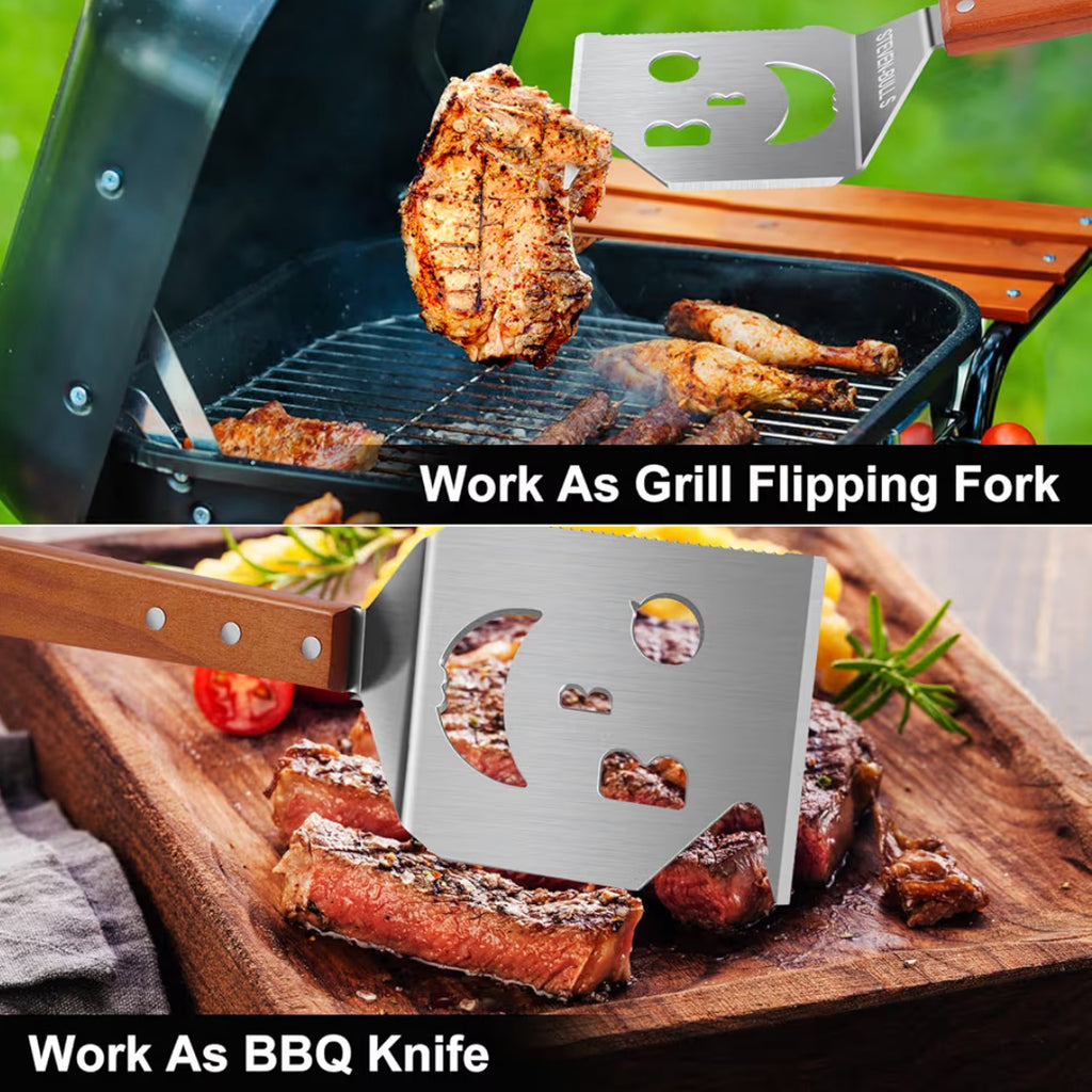7 in 1 Multifunction BBQ Tool - Outdoor Grill Spatula, Stainless Steel, Wooden Handle - Best BBQ Gifts for Men