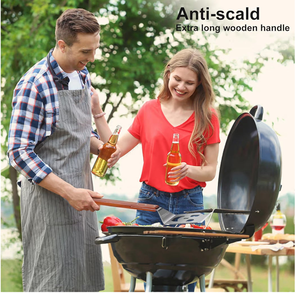 7 in 1 Multifunction BBQ Tool - Outdoor Grill Spatula, Stainless Steel, Wooden Handle - Best BBQ Gifts for Men