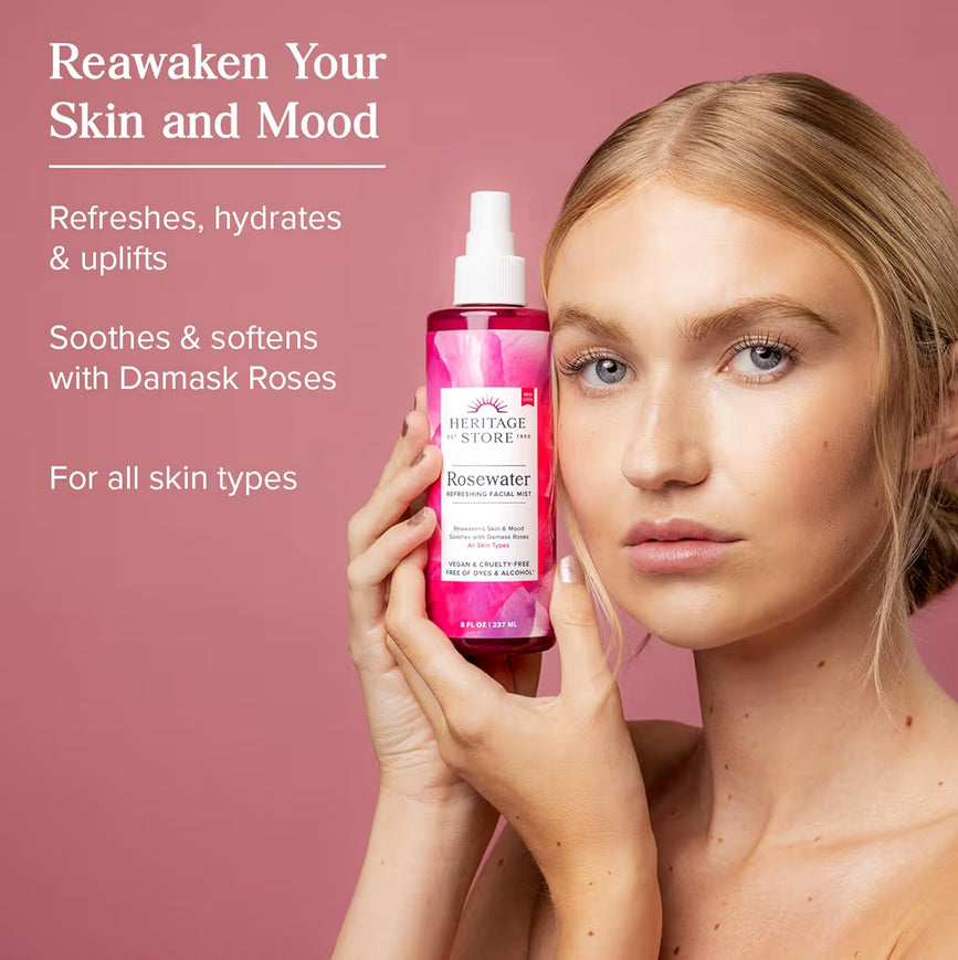 HERITAGE STORE Rose Petals Rosewater | Alcohol Free, 100% Pure Vegan | Benefits Sensitive Skin, Hair & More | Facial Toner & Moisturizer | 8 oz