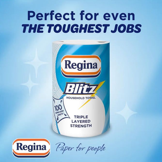 Regina Blitz Plus Household Towel – 8 Rolls per Pack, 80 Sheets Per Roll, 3 Ply, Triple Layered Strength, Household Paper Towels Made with Virgin Pulp, Paper Packaging, FSC Certified