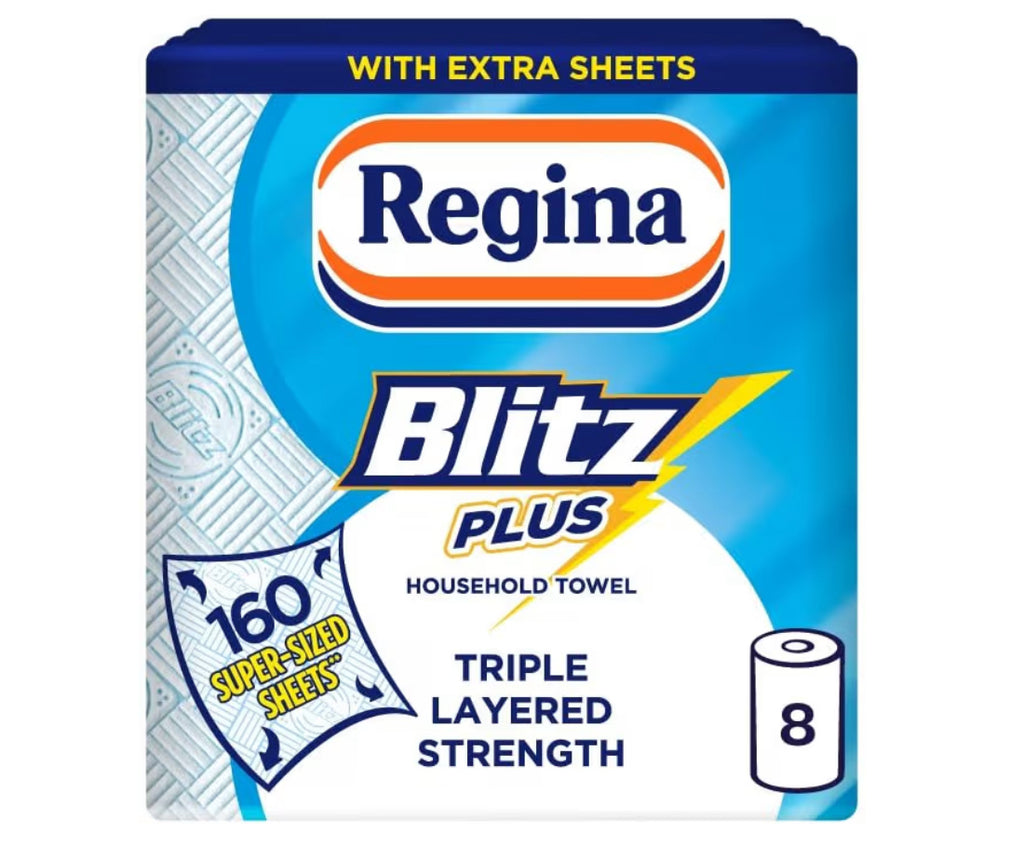 Regina Blitz Plus Household Towel – 8 Rolls per Pack, 80 Sheets Per Roll, 3 Ply, Triple Layered Strength, Household Paper Towels Made with Virgin Pulp, Paper Packaging, FSC Certified
