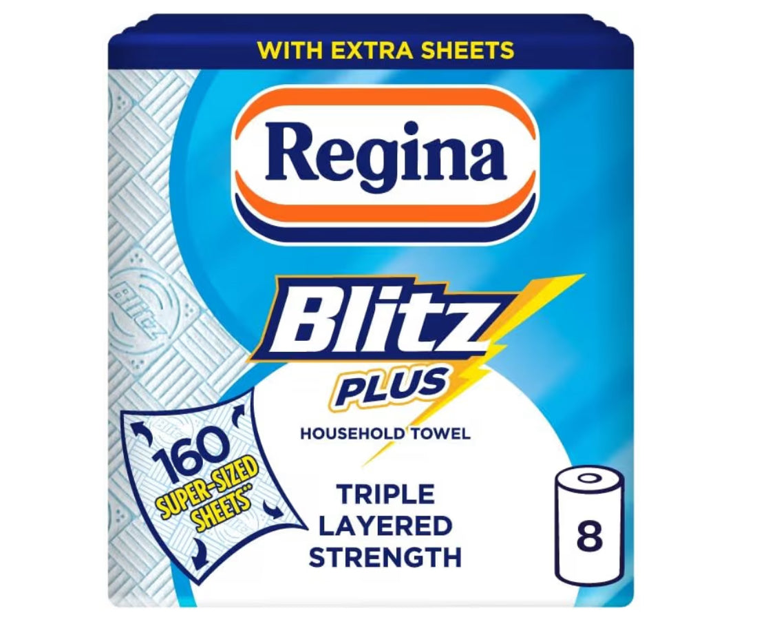 Regina Blitz Plus Household Towel – 8 Rolls per Pack, 80 Sheets Per Roll, 3 Ply, Triple Layered Strength, Household Paper Towels Made with Virgin Pulp, Paper Packaging, FSC Certified