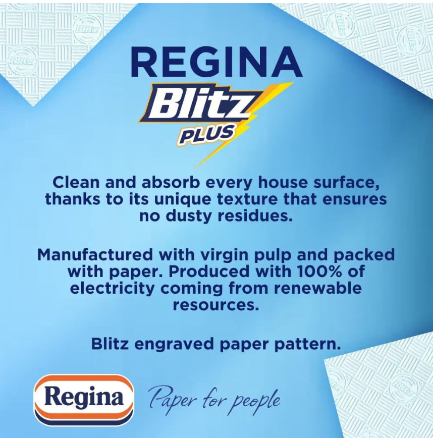 Regina Blitz Plus Household Towel – 8 Rolls per Pack, 80 Sheets Per Roll, 3 Ply, Triple Layered Strength, Household Paper Towels Made with Virgin Pulp, Paper Packaging, FSC Certified