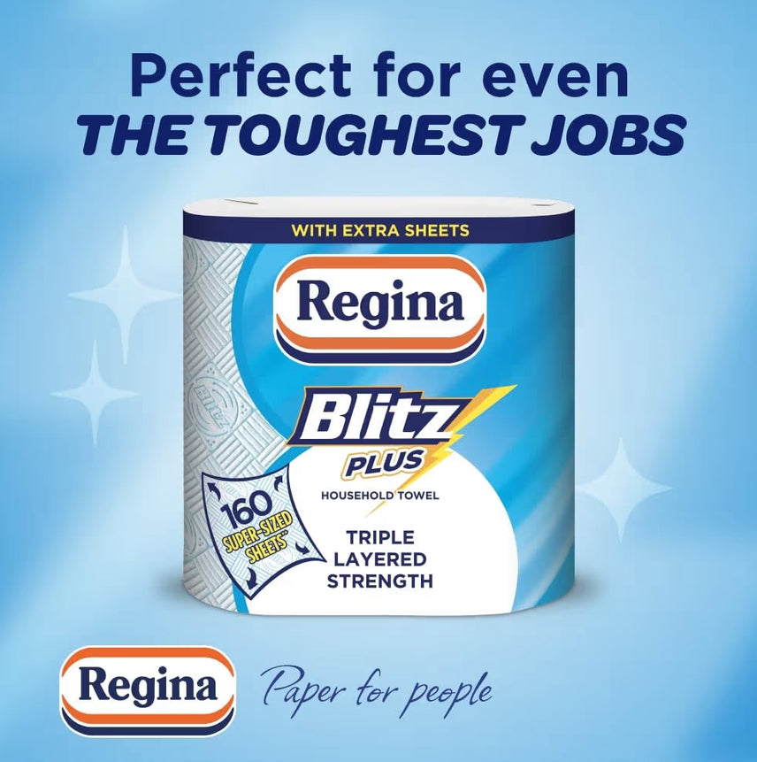 Regina Blitz Plus Household Towel – 8 Rolls per Pack, 80 Sheets Per Roll, 3 Ply, Triple Layered Strength, Household Paper Towels Made with Virgin Pulp, Paper Packaging, FSC Certified