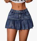 GORGLITTER Women's A Line Pleated Denim Skirts Flared Raw Hem Drop Waist Mini Jeans Skirt