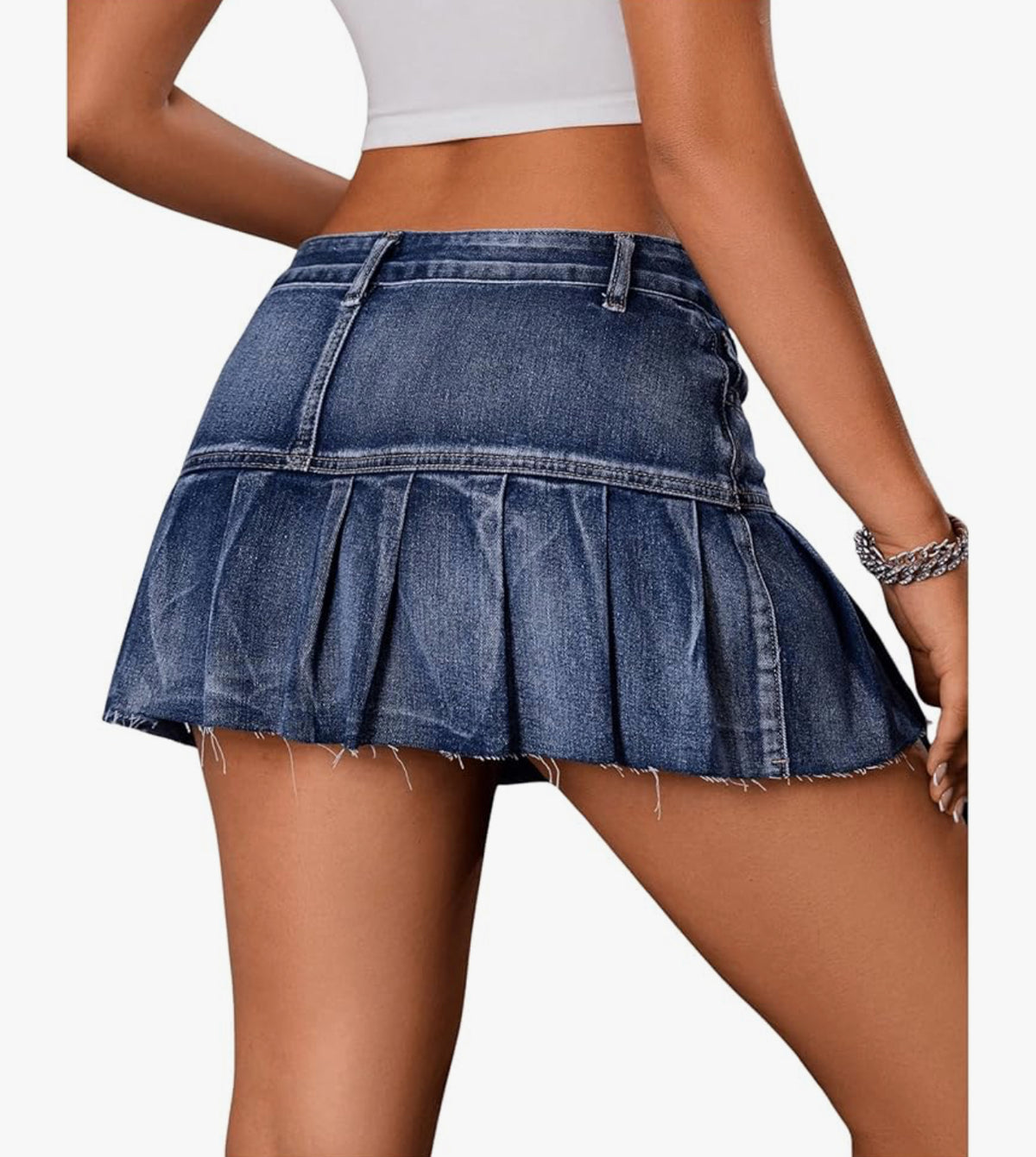 GORGLITTER Women's A Line Pleated Denim Skirts Flared Raw Hem Drop Waist Mini Jeans Skirt