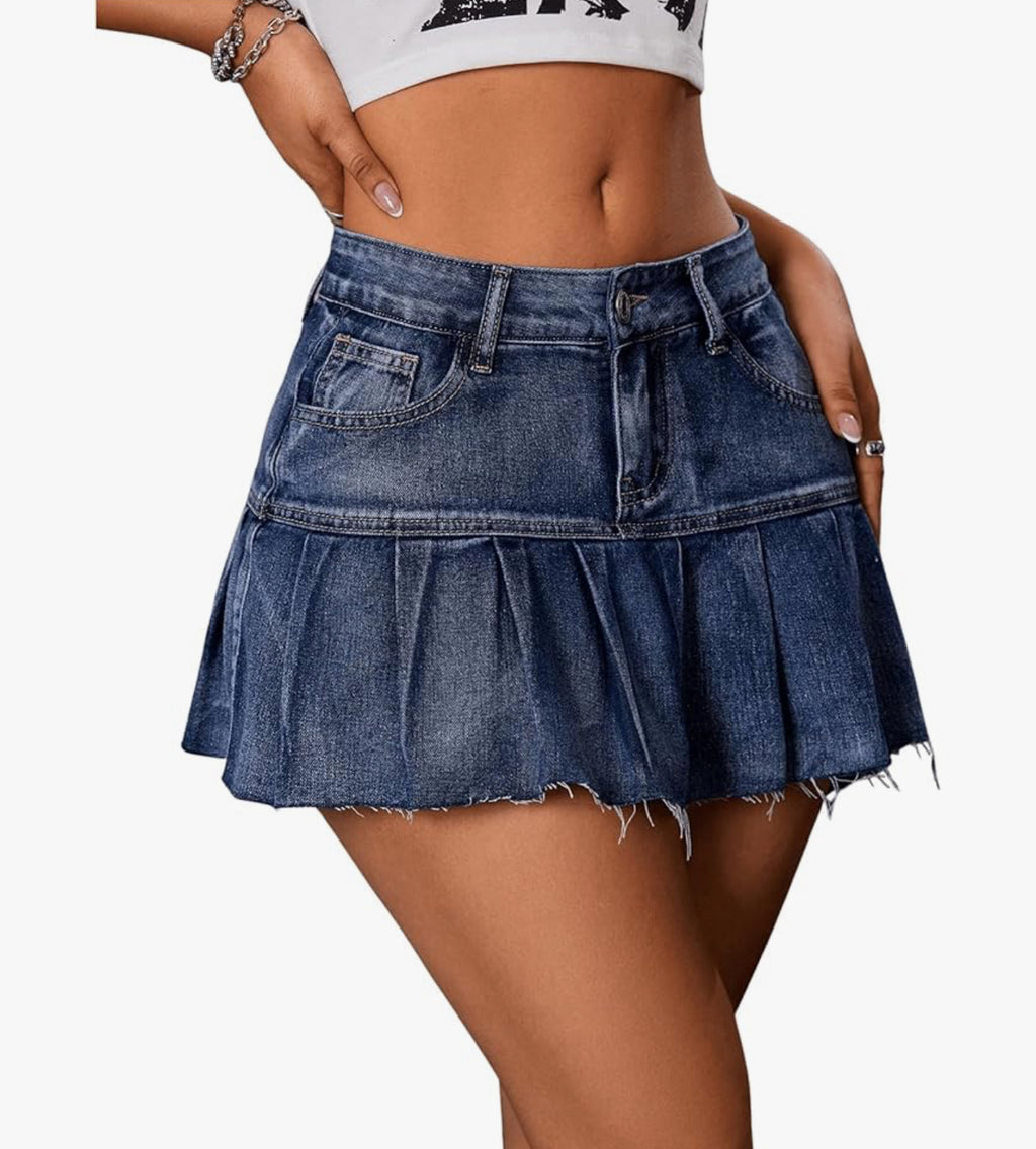 GORGLITTER Women's A Line Pleated Denim Skirts Flared Raw Hem Drop Waist Mini Jeans Skirt