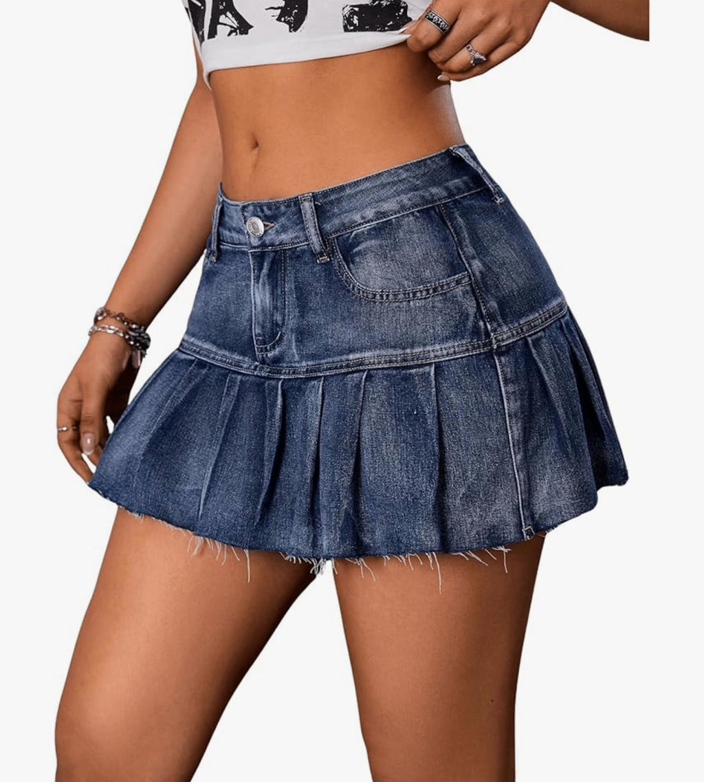 GORGLITTER Women's A Line Pleated Denim Skirts Flared Raw Hem Drop Waist Mini Jeans Skirt