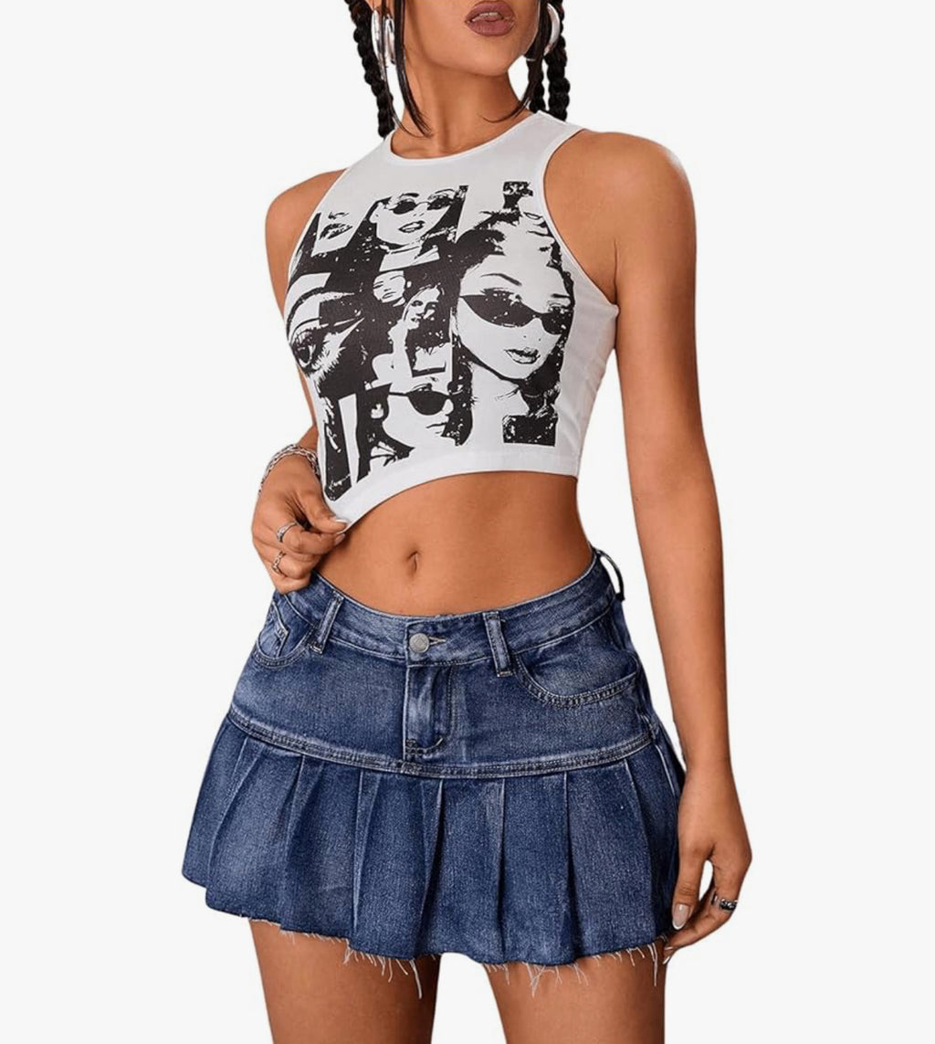 GORGLITTER Women's A Line Pleated Denim Skirts Flared Raw Hem Drop Waist Mini Jeans Skirt