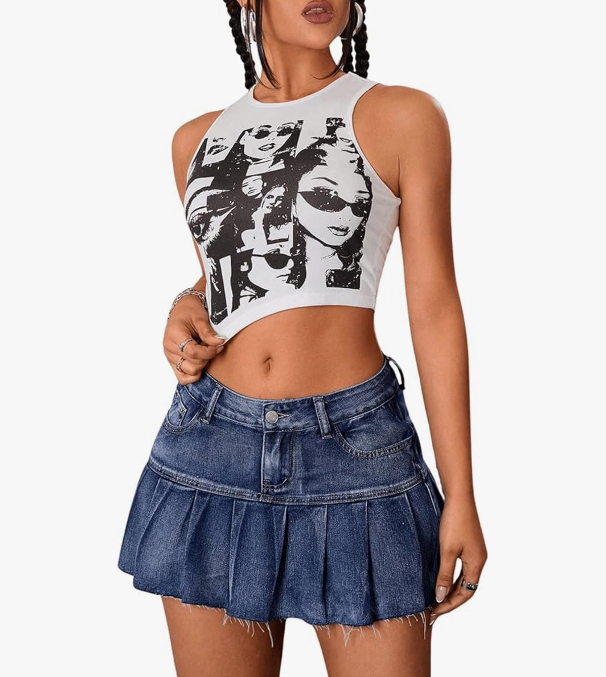 GORGLITTER Women's A Line Pleated Denim Skirts Flared Raw Hem Drop Waist Mini Jeans Skirt