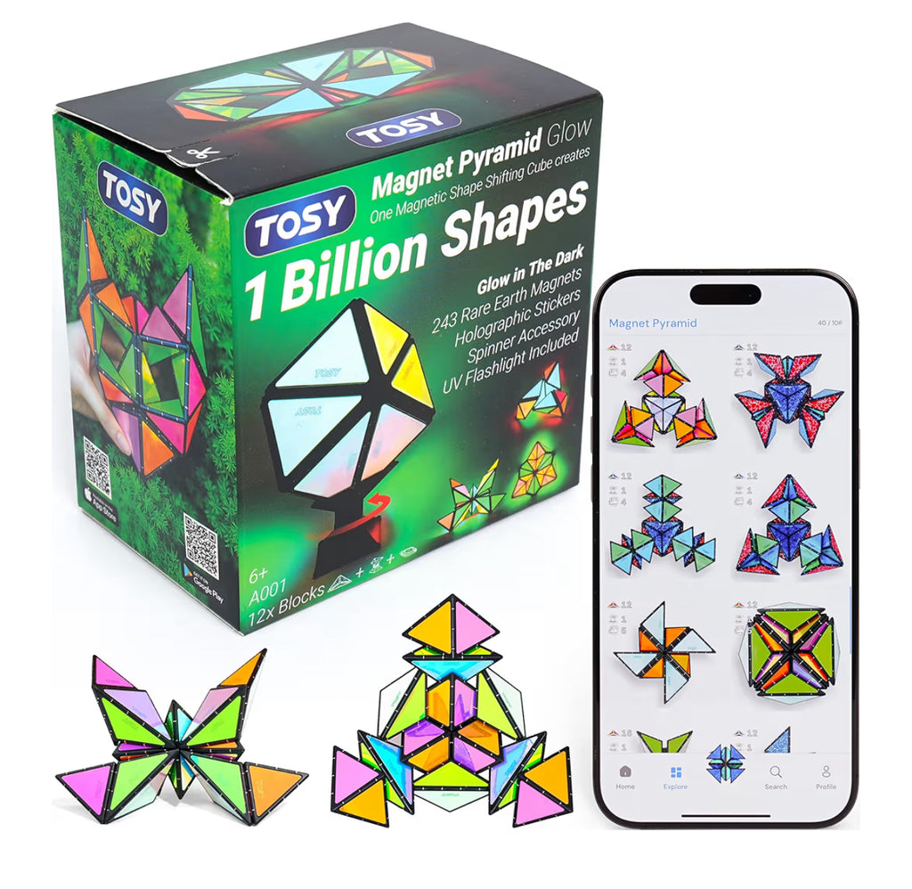 TOSY Magnet Pyramid Glow - 1 Cube Transforms into 1 Billion Shapes, 12 pieces, 243 Magnets, Glowing, Holographic Design Magnet Tiles Creative Puzzle STEM/STEAM Toy