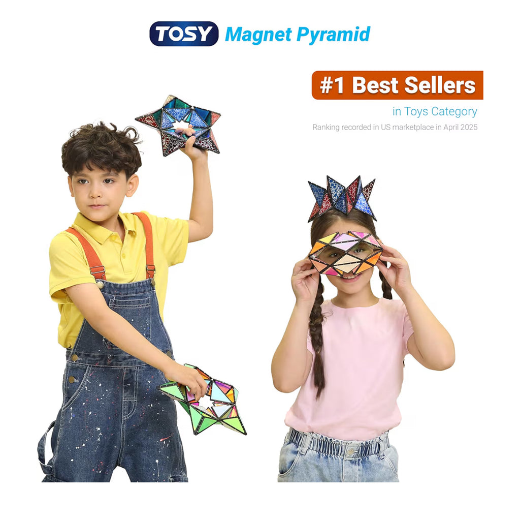 TOSY Magnet Pyramid Glow - 1 Cube Transforms into 1 Billion Shapes, 12 pieces, 243 Magnets, Glowing, Holographic Design Magnet Tiles Creative Puzzle STEM/STEAM Toy