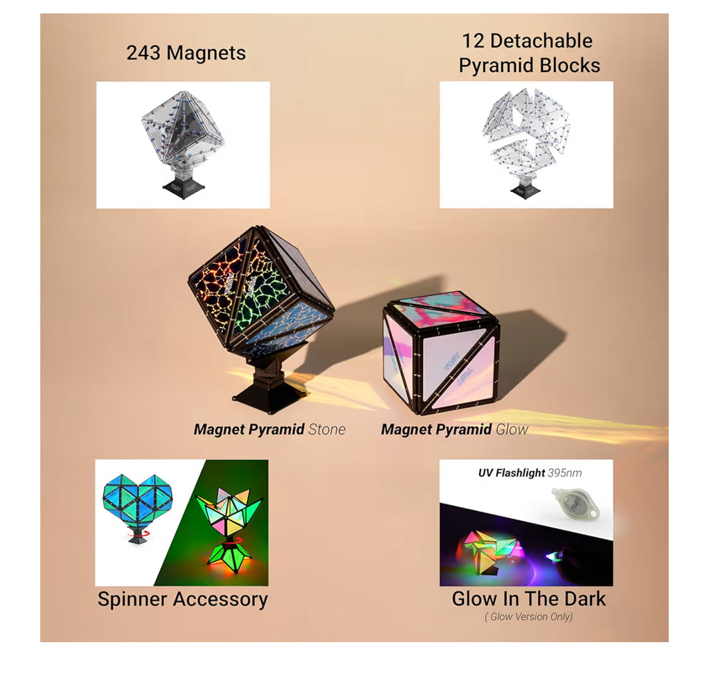 TOSY Magnet Pyramid Glow - 1 Cube Transforms into 1 Billion Shapes, 12 pieces, 243 Magnets, Glowing, Holographic Design Magnet Tiles Creative Puzzle STEM/STEAM Toy