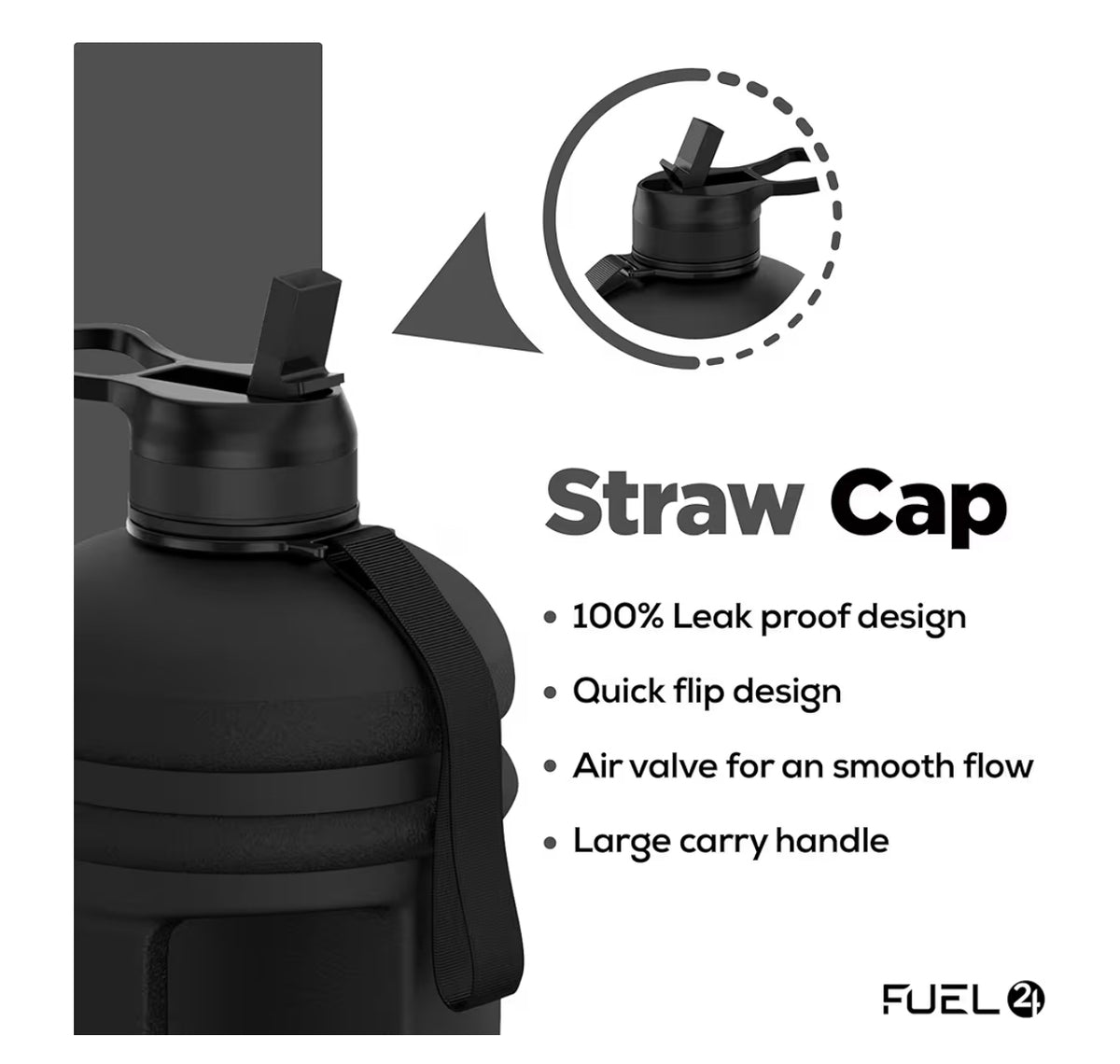 Fuel24 Jug - 2.2 Litre Water Bottle - Extra Strong Flex Material - Drop Proof, Pop or Straw Cap Options - 2.2L Large Gym Sports Bottle, BPA FREE