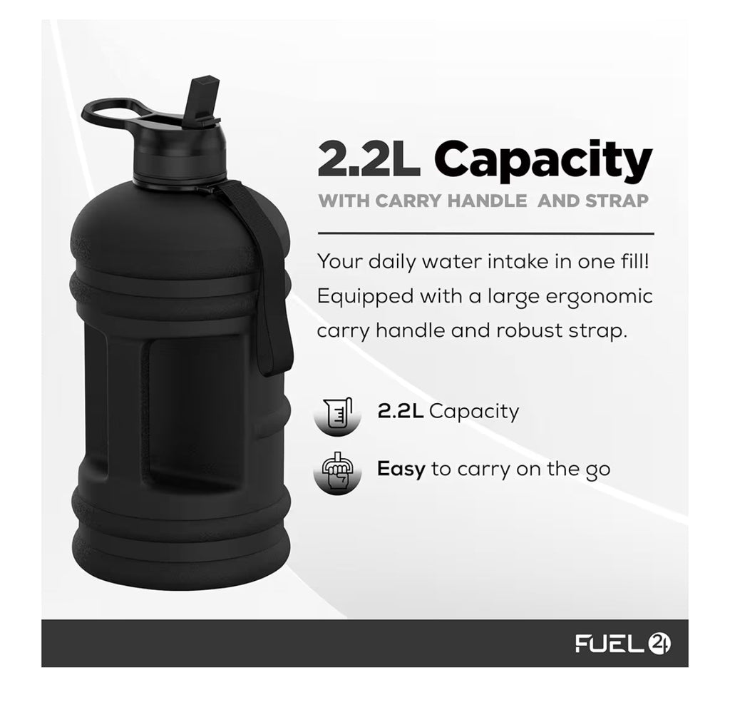 Fuel24 Jug - 2.2 Litre Water Bottle - Extra Strong Flex Material - Drop Proof, Pop or Straw Cap Options - 2.2L Large Gym Sports Bottle, BPA FREE