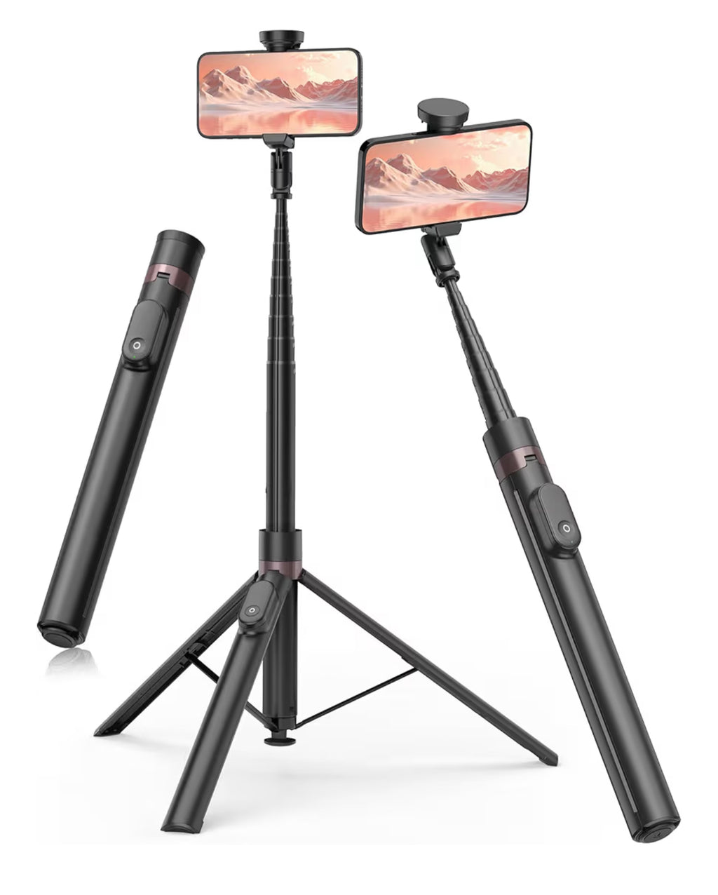 TONEOF 66" Automatic Tripod Selfie Stick, Auto-Open Phone Tripod Stand with Magnetic Rechargable Remote, 360° Double Axes Rotatable Travel Monopod,Stable SmartphoneTripod for iPhone/Android-Black