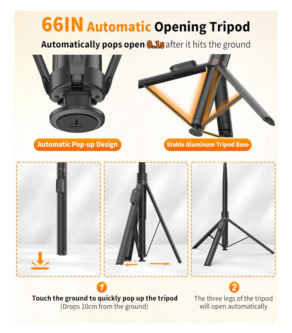 TONEOF 66" Automatic Tripod Selfie Stick, Auto-Open Phone Tripod Stand with Magnetic Rechargable Remote, 360° Double Axes Rotatable Travel Monopod,Stable SmartphoneTripod for iPhone/Android-Black