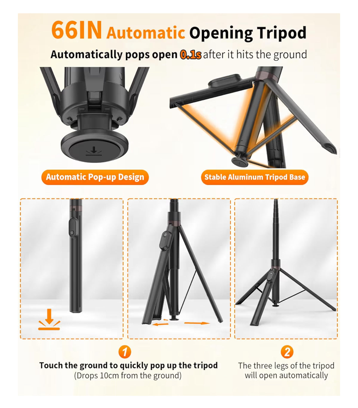 TONEOF 66" Automatic Tripod Selfie Stick, Auto-Open Phone Tripod Stand with Magnetic Rechargable Remote, 360° Double Axes Rotatable Travel Monopod,Stable SmartphoneTripod for iPhone/Android-Black