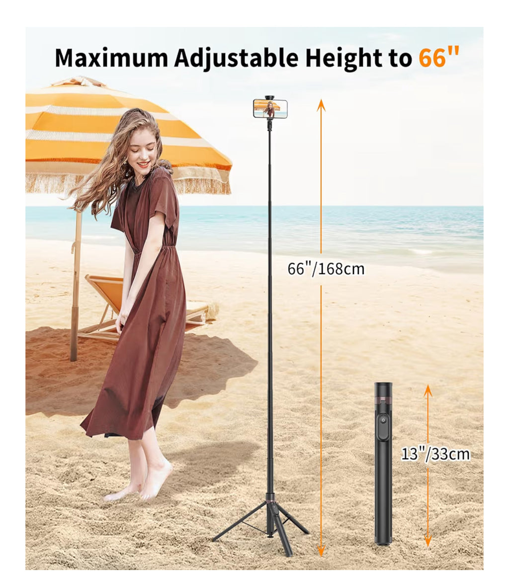 TONEOF 66" Automatic Tripod Selfie Stick, Auto-Open Phone Tripod Stand with Magnetic Rechargable Remote, 360° Double Axes Rotatable Travel Monopod,Stable SmartphoneTripod for iPhone/Android-Black